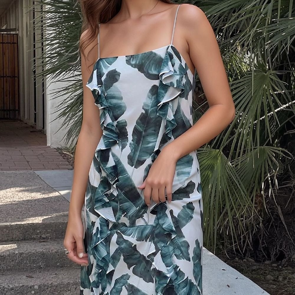 Chelsea 28 Womens Semi Formal Tropical Ruffle Maxi Dress Green White Homecoming